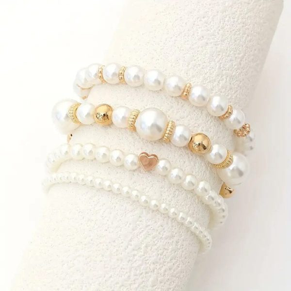 4-Pieces: Elegant White Faux Pearls Beaded Handmade Hand String Jewelry Set - Image 2