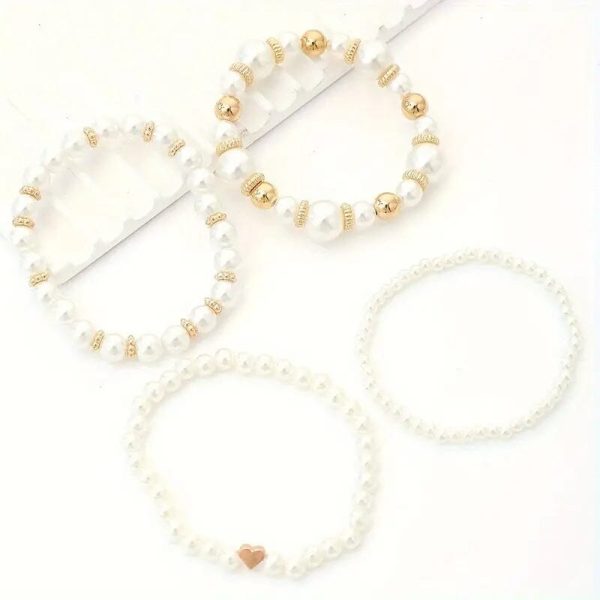 4-Pieces: Elegant White Faux Pearls Beaded Handmade Hand String Jewelry Set - Image 4