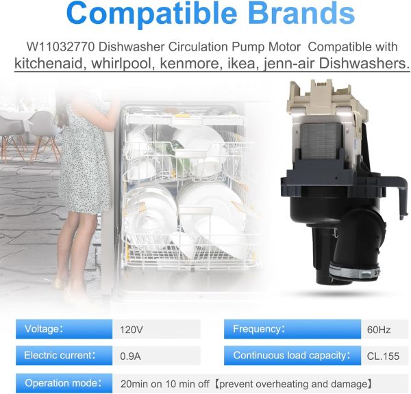 W11032770 W10529163 W10349483 Dishwasher Circulation Pump Compatible with kenmore, kitchenAid, whirlpool, jenn-air, ikea Dishwashers, Part Number: W10885542, W10440715, WPW10529163 - Image 2