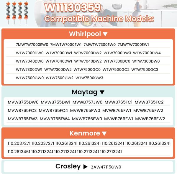 W11130359 Washer Suspension Rod Kit Part Compatible with Whirlpool Maytag Kenmore WTW7040DW1 MVWB765FW1 110.2613241 Washing Machine, Replaces W10901060,W11033536,AP6261901,W10594082 - Image 3