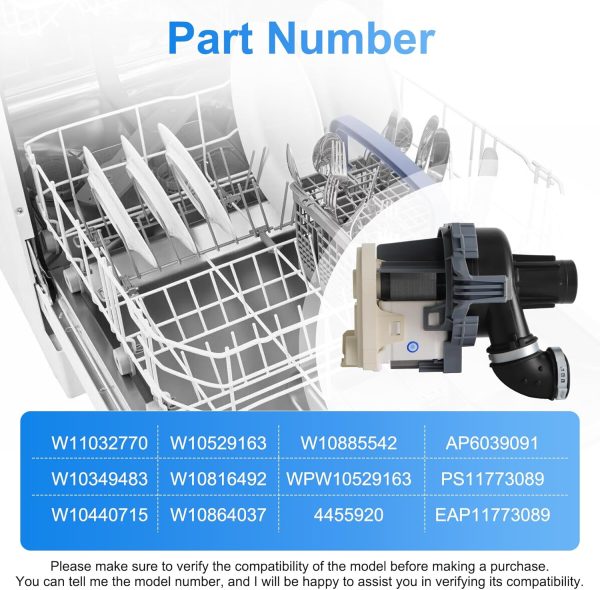 W11032770 W10529163 W10349483 Dishwasher Circulation Pump Compatible with kenmore, kitchenAid, whirlpool, jenn-air, ikea Dishwashers, Part Number: W10885542, W10440715, WPW10529163 - Image 5