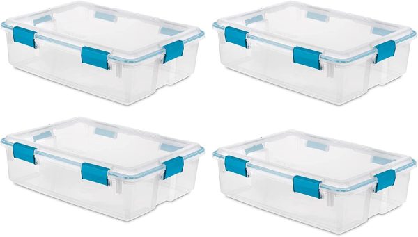 Multipurpose 37 Quart Clear Plastic Under-Bed Storage Tote Bins with Secure Gasket Latching Lids for Home Organization, (4 Pack)